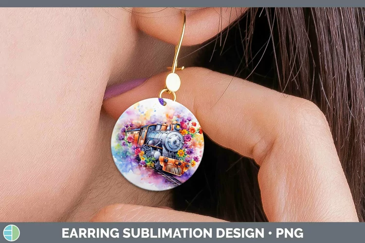 Watercolor Train Round Earrings | Sublimation Earrings Desig