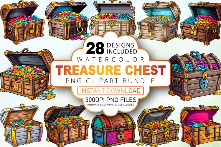 Watercolor Treasure Chest Clipart Bundle example image 1