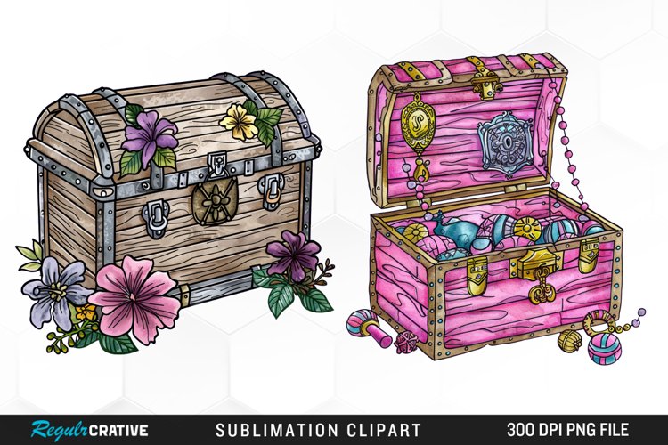 Watercolor Treasure Chests Sublimation Clipart example image 1