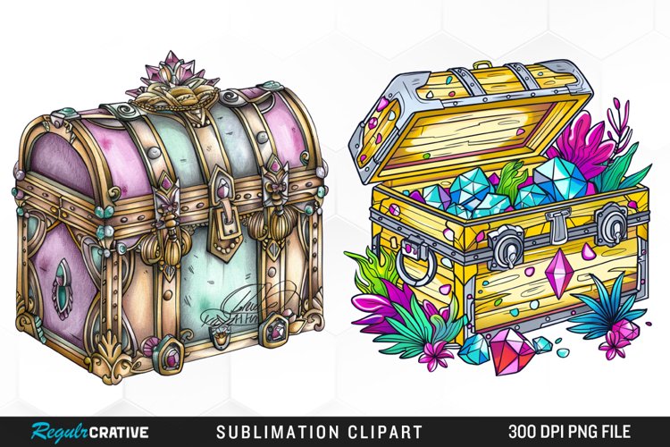 Watercolor Treasure Chests Sublimation Clipart example image 1