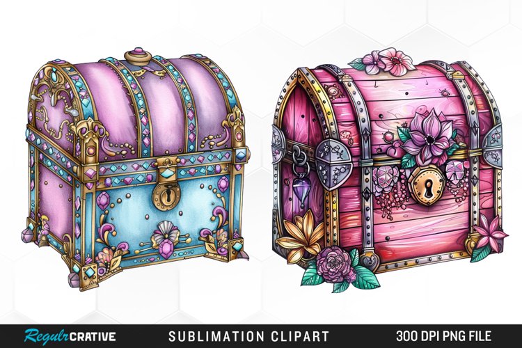 Watercolor Treasure Chests Sublimation Clipart example image 1