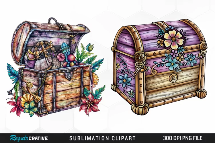 Watercolor Treasure Chests Sublimation Clipart