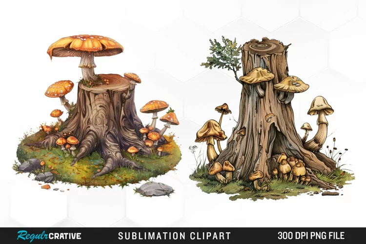 Watercolor Tree Stump With Mushrooms Clipart