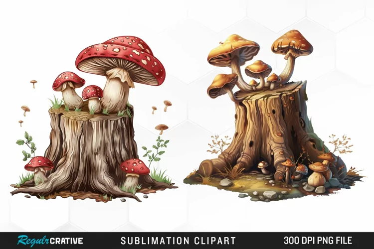 Watercolor Tree Stump With Mushrooms Exquisite Clipart