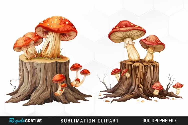 Watercolor Tree Stump With Mushrooms Exquisite Clipart
