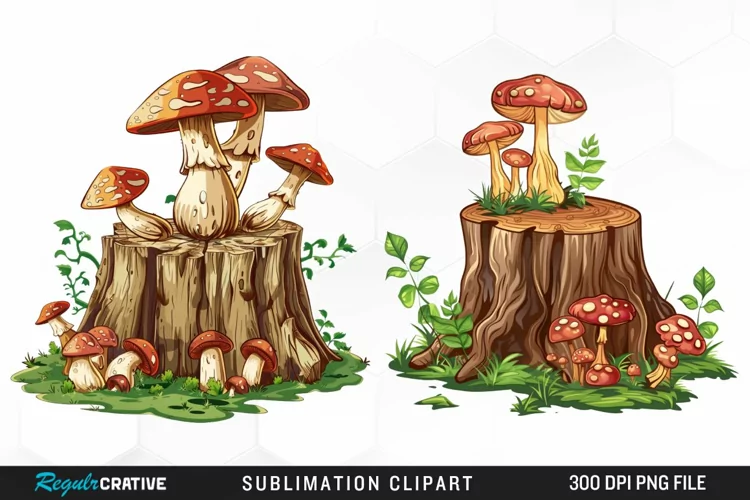 Watercolor Tree Stump With Mushrooms Clipart