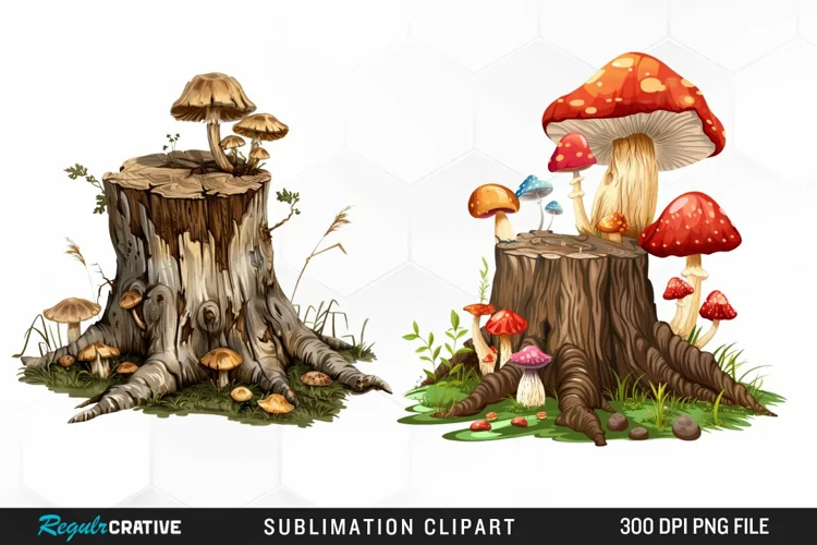 Watercolor Tree Stump With Mushrooms Clipart
