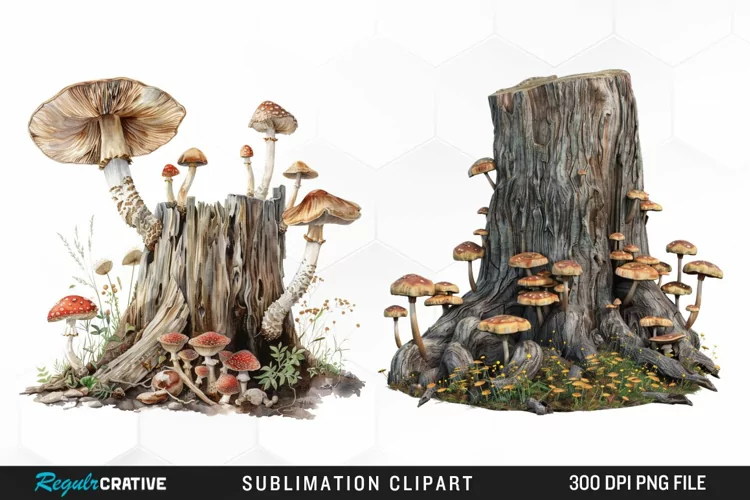 Watercolor Tree Stump With Mushrooms Exquisite Clipart