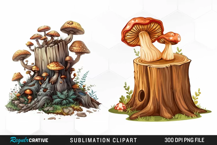 Watercolor Tree Stump With Mushrooms Clipart