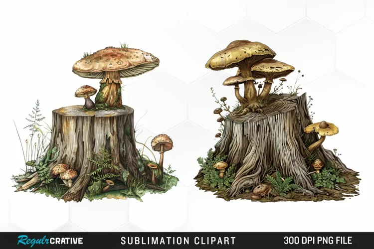 Watercolor Tree Stump With Mushrooms Clipart