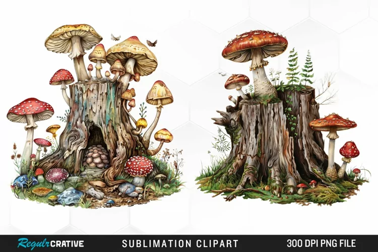 Watercolor Tree Stump With Mushrooms Exquisite Clipart