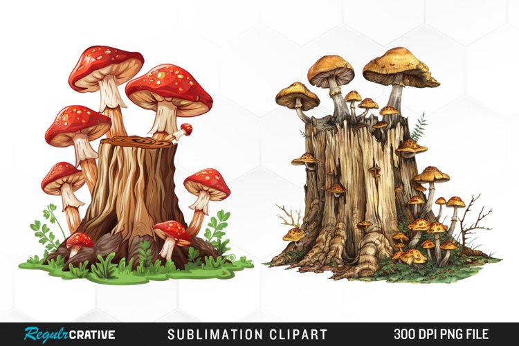 Watercolor Tree Stump With Mushrooms Exquisite Clipart example image 1