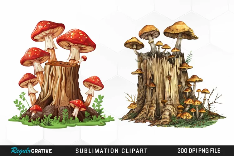Watercolor Tree Stump With Mushrooms Exquisite Clipart