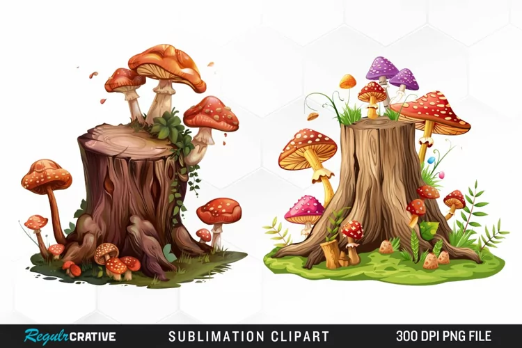 Watercolor Tree Stump With Mushrooms Clipart