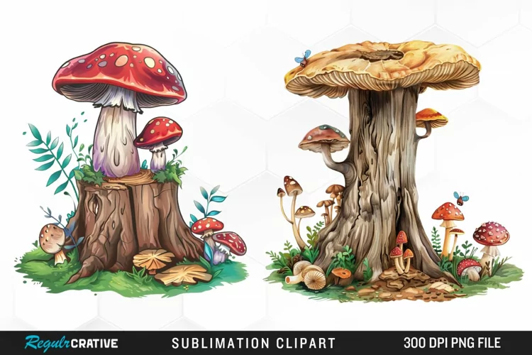 Watercolor Tree Stump With Mushrooms Clipart
