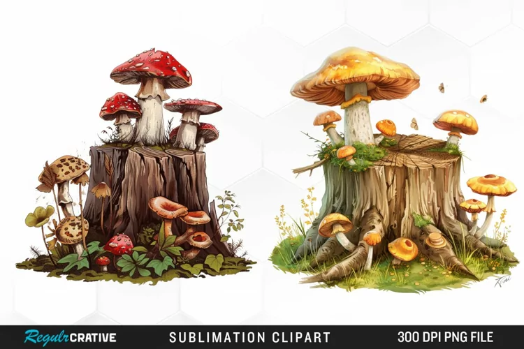 Watercolor Tree Stump With Mushrooms Clipart