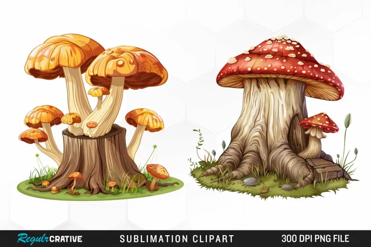 Watercolor Tree Stump With Mushrooms Clipart