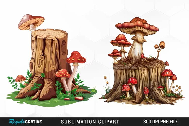 Watercolor Tree Stump With Mushrooms Clipart