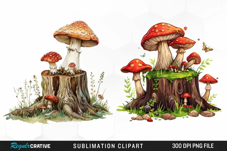 Watercolor Tree Stump With Mushrooms Exquisite Clipart