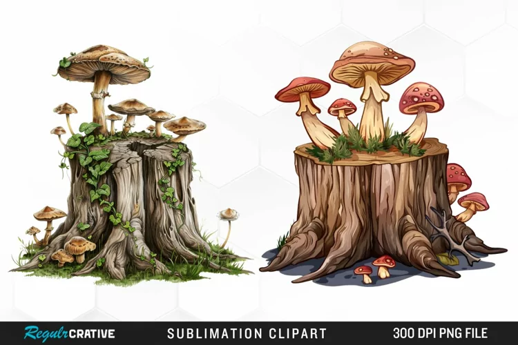 Watercolor Tree Stump With Mushrooms Clipart