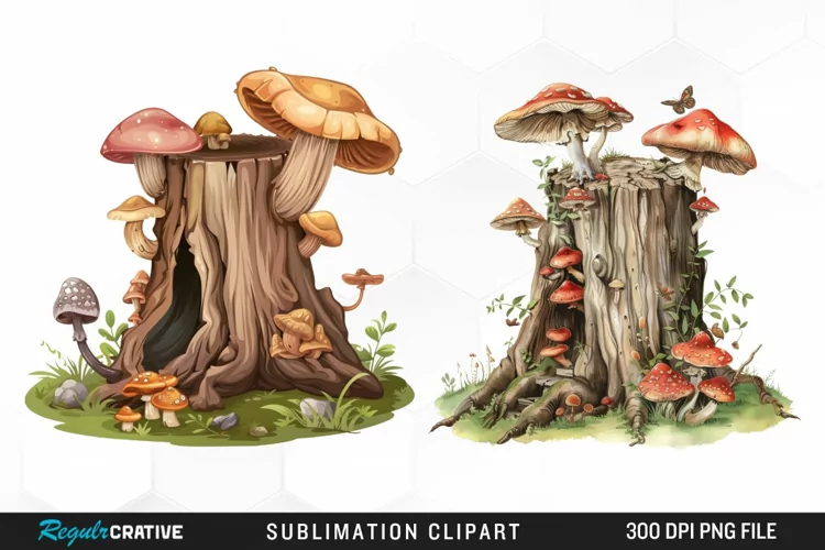 Watercolor Tree Stump With Mushrooms Exquisite Clipart