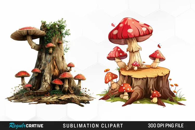 Watercolor Tree Stump With Mushrooms Clipart
