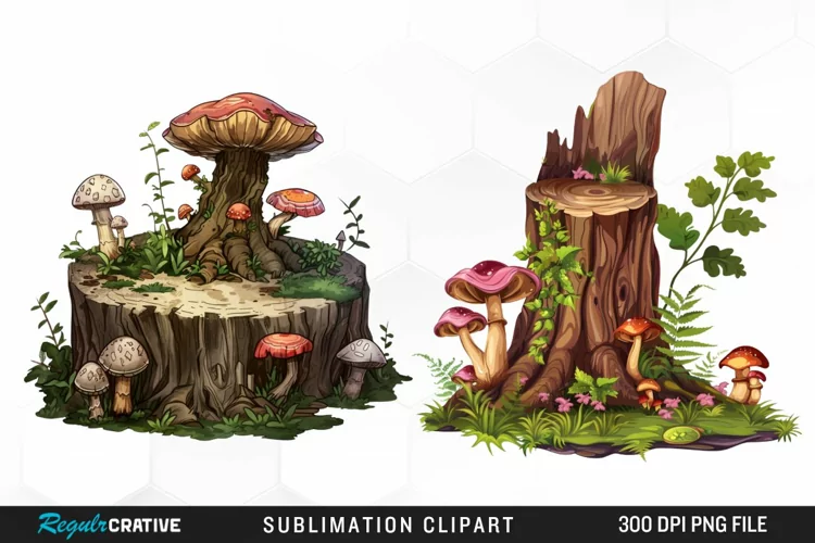 Watercolor Tree Stump With Mushrooms Clipart