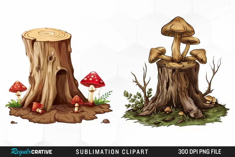 Watercolor Tree Stump With Mushrooms Clipart