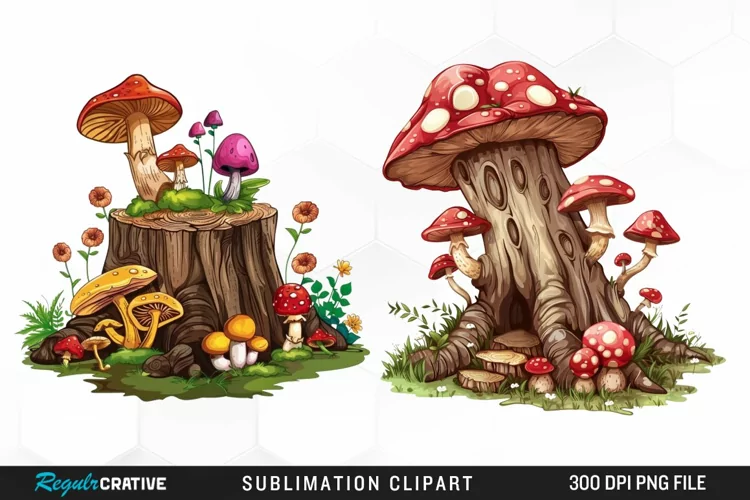 Watercolor Tree Stump With Mushrooms Clipart