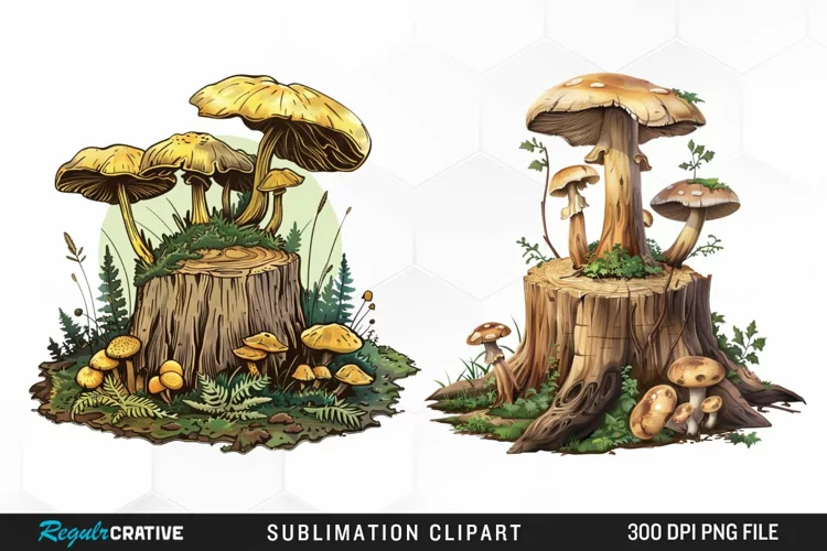 Watercolor Tree Stump With Mushrooms Exquisite Clipart