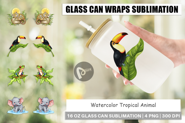 Glass Can Tropical Animals Watercolor