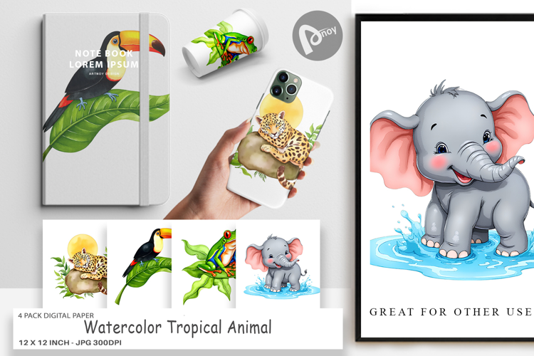 Digital Paper Tropical Animals Watercolor