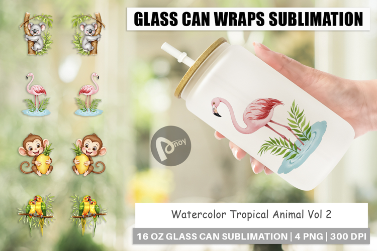 Glass Can Tropical Animals Watercolor