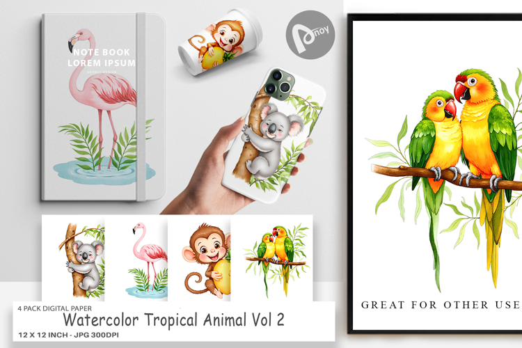 Digital Paper Tropical Animals Watercolor