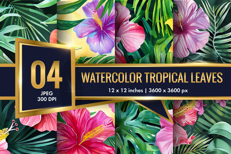 Watercolor Tropical Leaves and Hibiscus Seamless DP