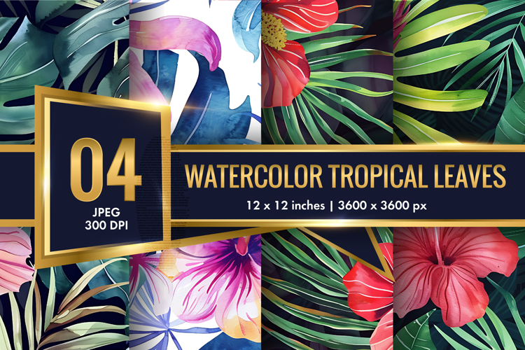 Watercolor Tropical Leaves and Hibiscus Seamless DP