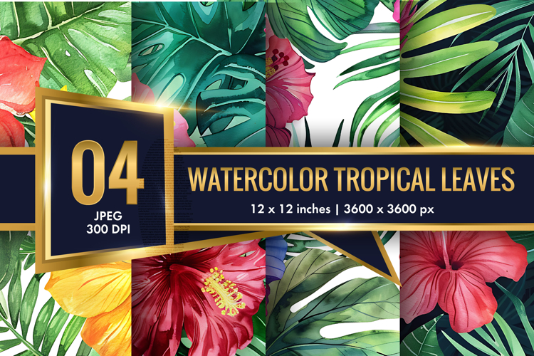 Watercolor Tropical Leaves and Hibiscus Seamless DP
