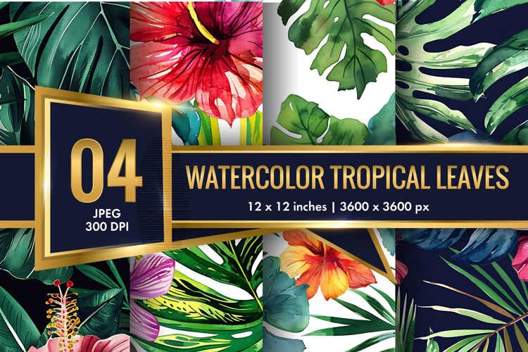 Watercolor Tropical Leaves and Hibiscus Seamless DP