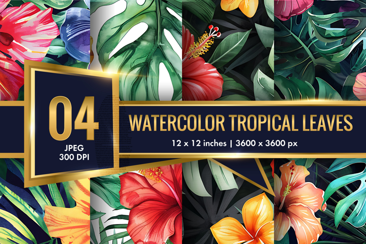 Watercolor Tropical Leaves and Hibiscus Seamless DP