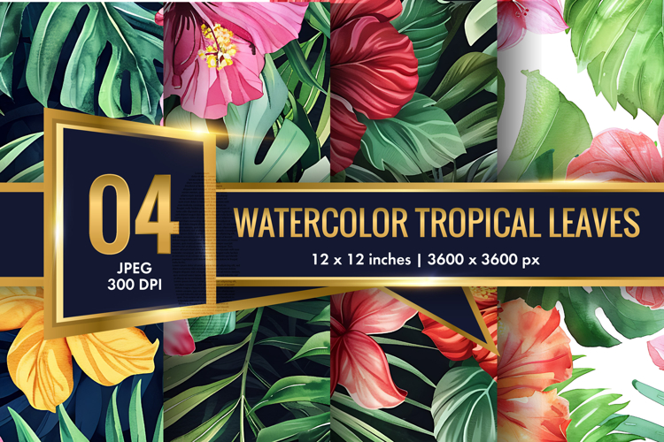 Watercolor Tropical Leaves and Hibiscus Seamless DP