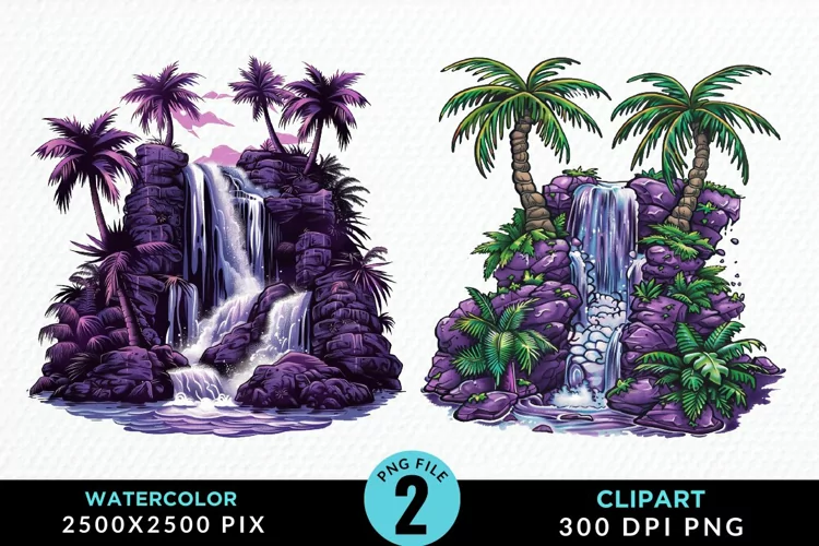 Watercolor Tropical Waterfalls Graphic Clipart