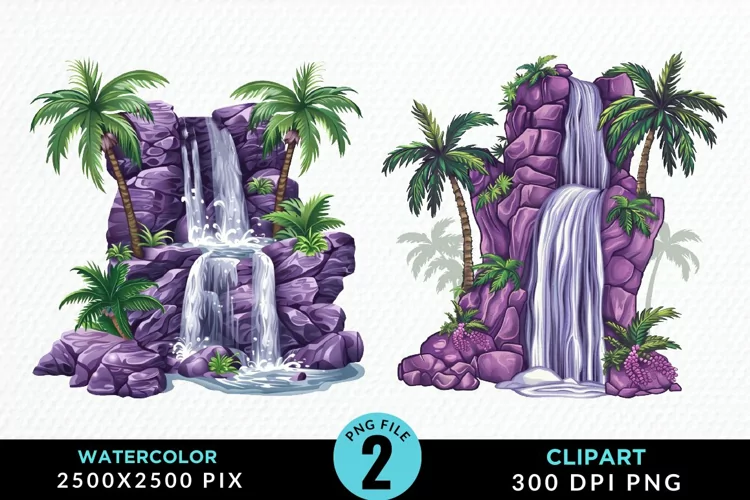 Watercolor Tropical Waterfalls Graphic Clipart