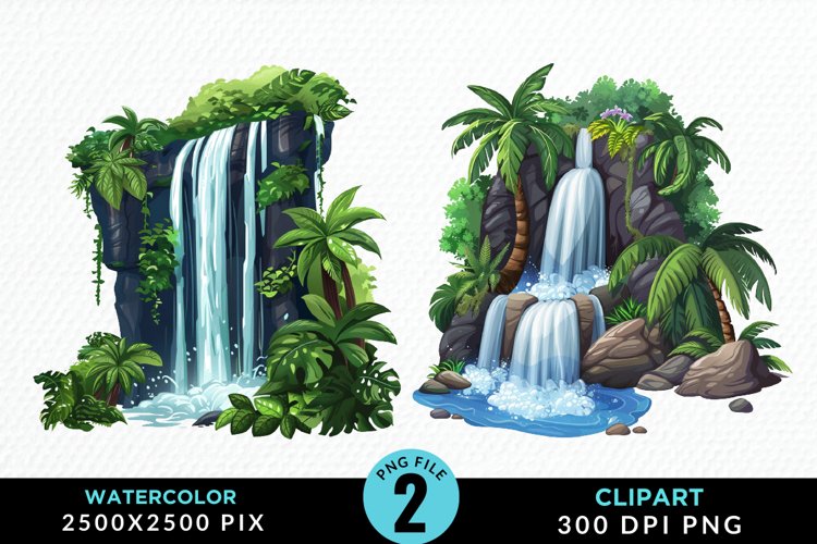 Watercolor Tropical Waterfalls Graphic Clipart