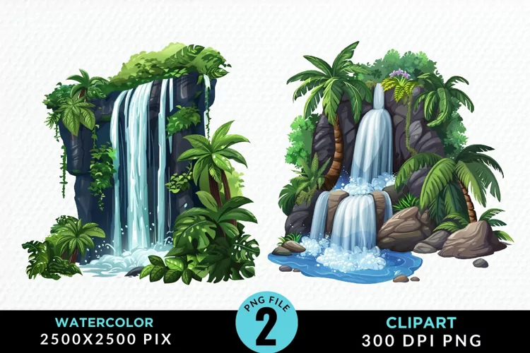 Watercolor Tropical Waterfalls Graphic Clipart