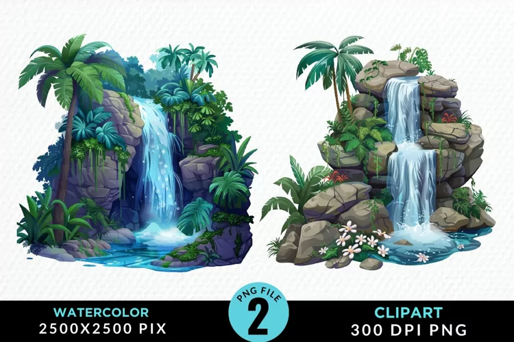 Watercolor Tropical Waterfalls Exquisite Clipart