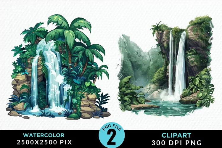 Watercolor Tropical Waterfalls Graphic Clipart