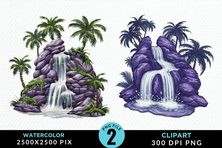 Watercolor Tropical Waterfalls Graphic Clipart