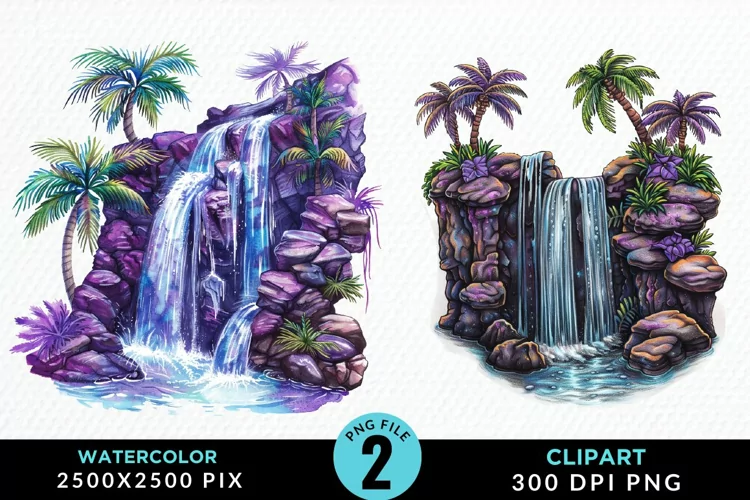 Watercolor Tropical Waterfalls Graphic Clipart