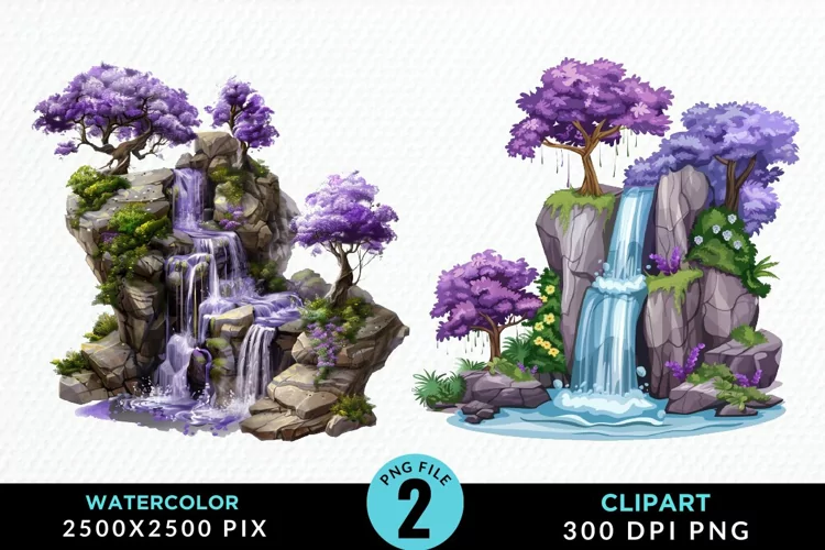 Watercolor Tropical Waterfalls Graphic Clipart