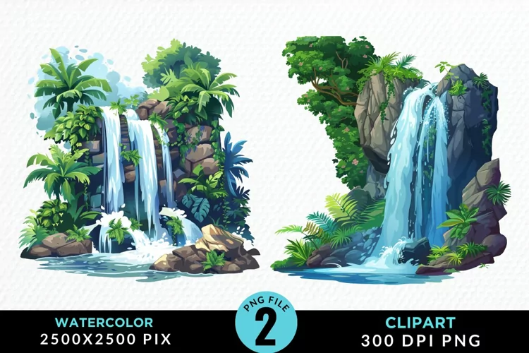 Watercolor Tropical Waterfalls Exquisite Clipart